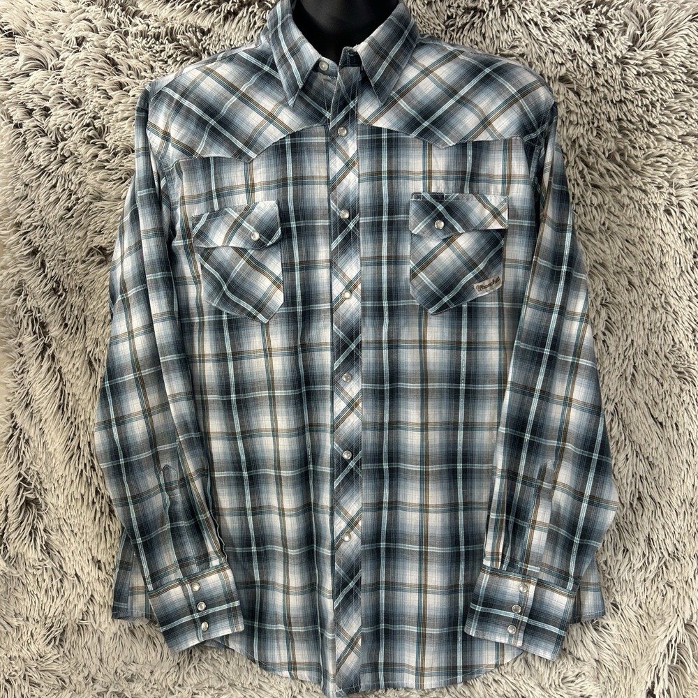 VTG Wrancher by WRANGLER Western Shirt Mens XL Pearl Snap Blue Plaid‎ Tinsel